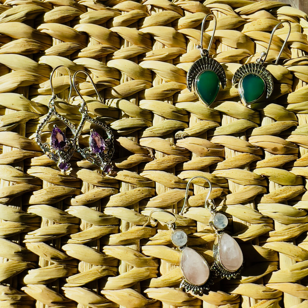 A collection of Silver Earrings with semi precious stones from Pushkar, India.