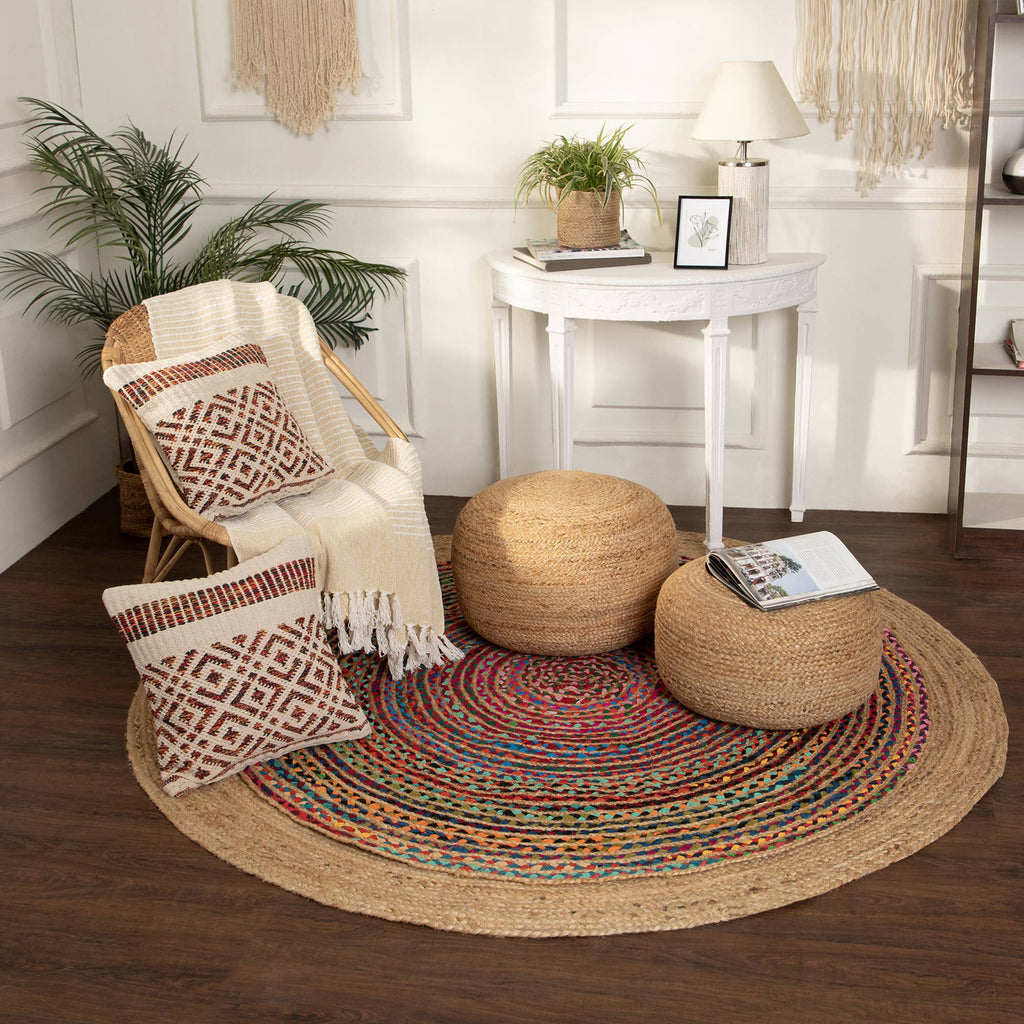 Round 100% Jute Pouf 18x18x10; Natural detail view 7 – Hill Station Ashland