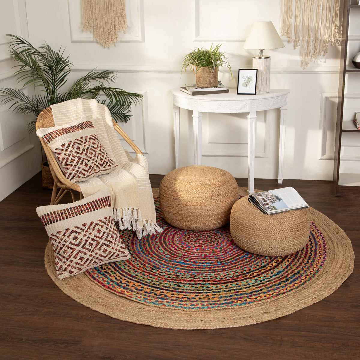 Round 100% Jute Pouf 18x18x10; Natural detail view 7 – Hill Station Ashland