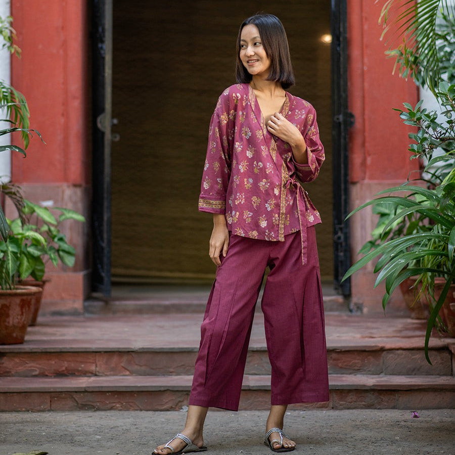 Solene Women's Cotton Wrap Top in Plum