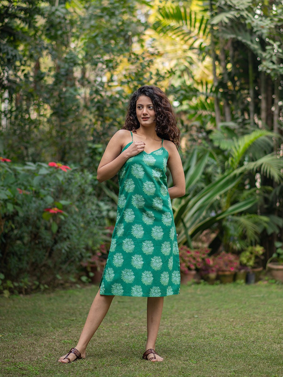 Green Cotton Slip Dress with Motif