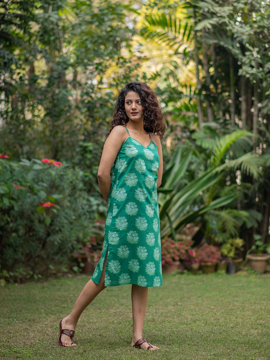 Green Cotton Slip Dress with Motif