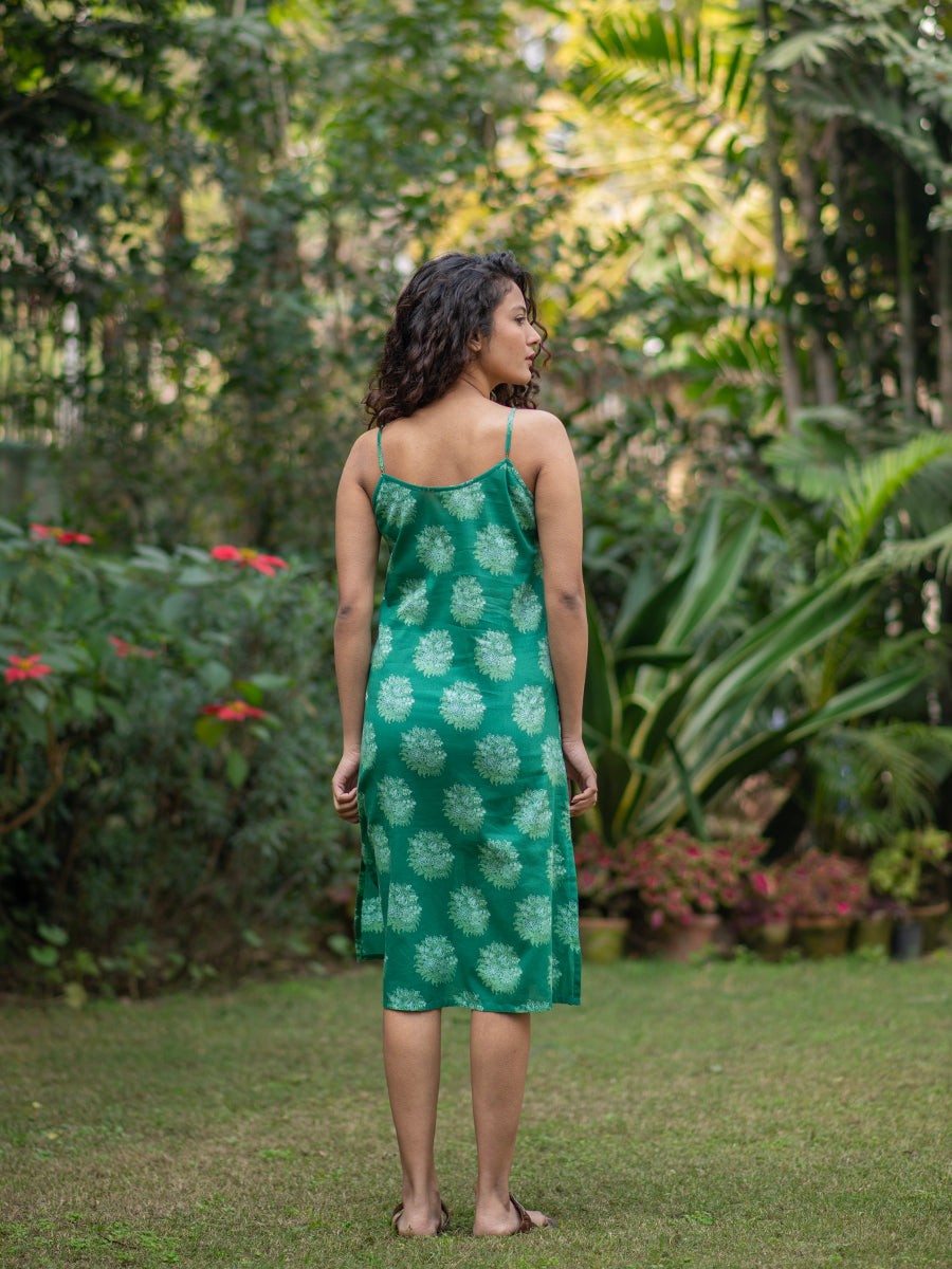 Green Cotton Slip Dress with Motif