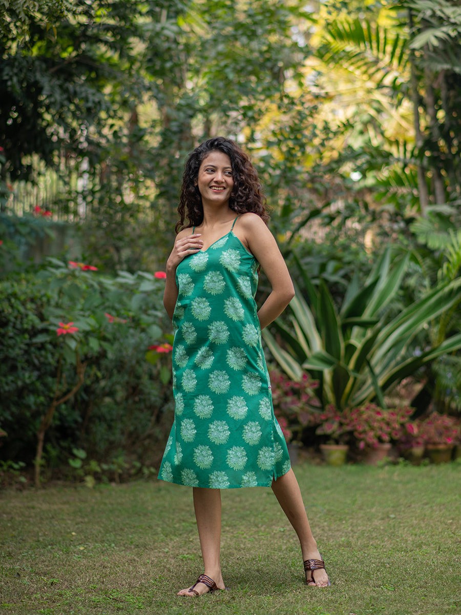 Green Cotton Slip Dress with Motif