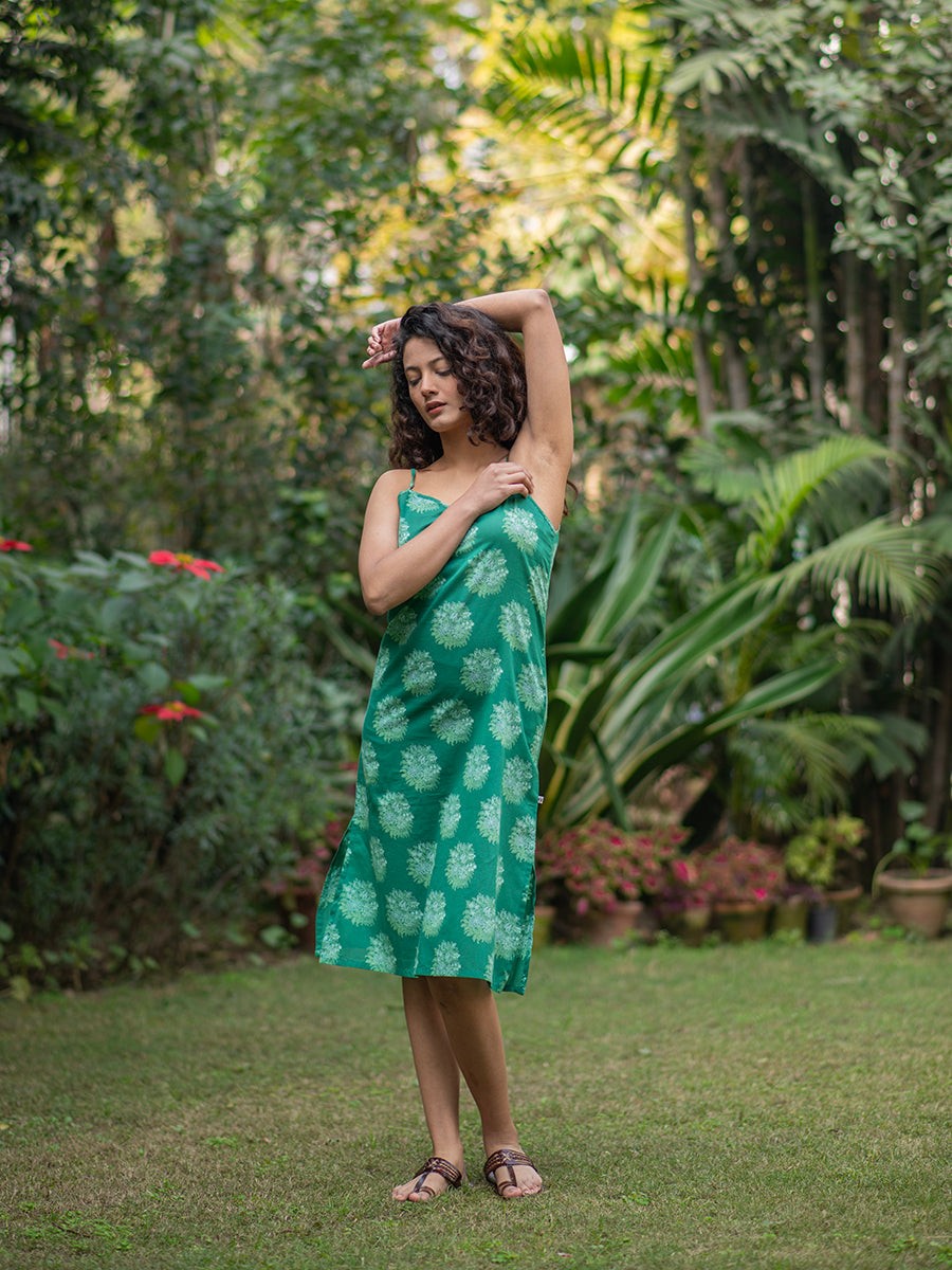 Green Cotton Slip Dress with Motif