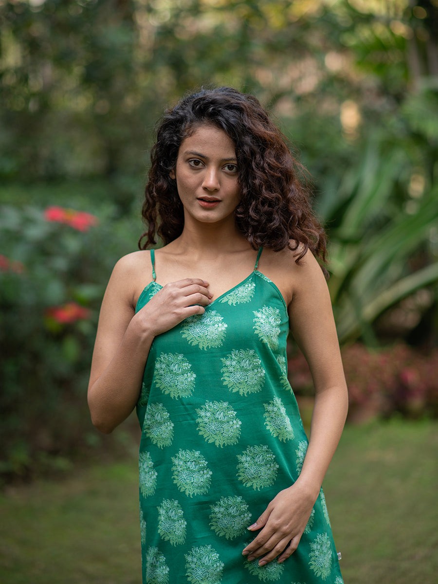 Green Cotton Slip Dress with Motif