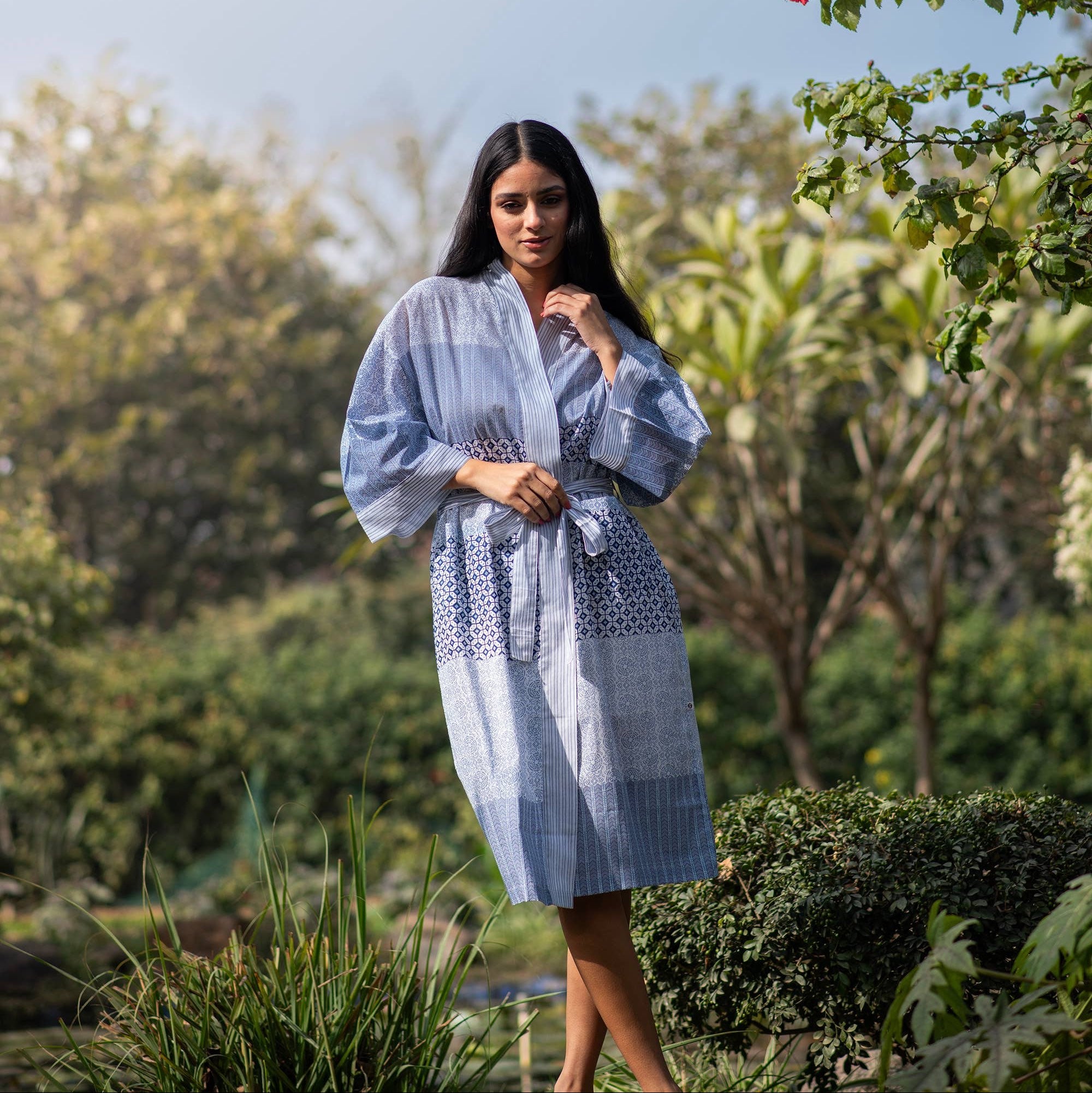 Soft Cotton Voile Kimono Robes Santorini Blue White