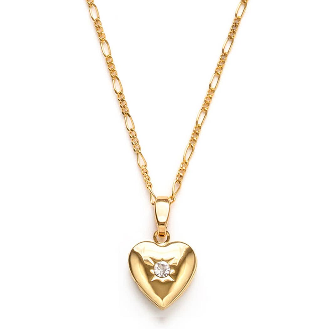 Gold heart locket necklace with Czech crystal and figaro chain, detailed view, on white background.
