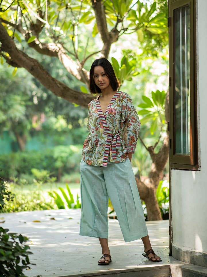 Solene Women's Cotton Wrap Top in Hawaii Ice