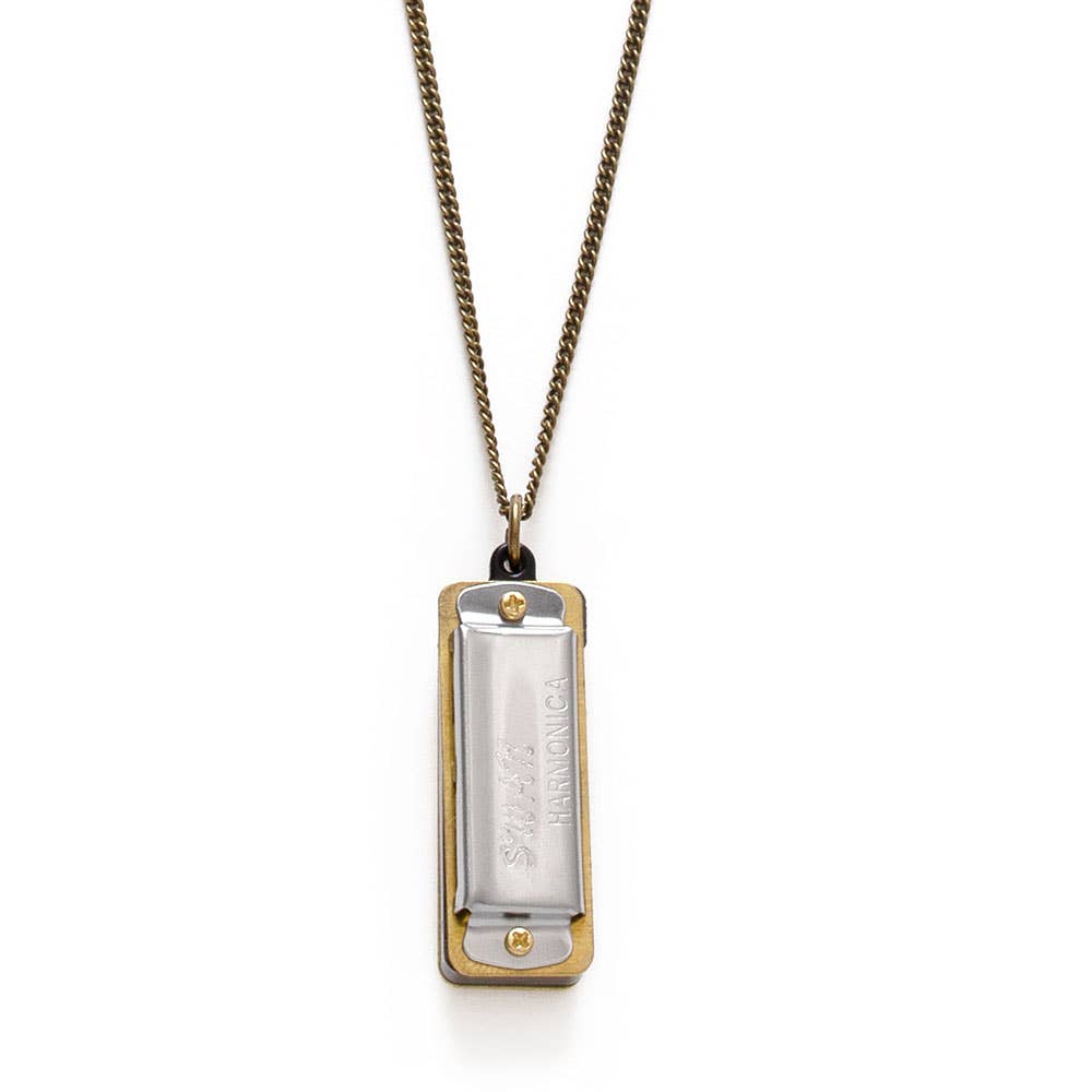 Mini vintage-style Swan harmonica pendant necklace, detailed view, against white background.