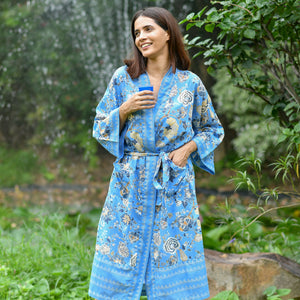 One Size, Soft Cotton Kimono for Loungewear or Travel, handprinted in India. Malabar Regatta Blue. Blue background and border with brown tones in motif.