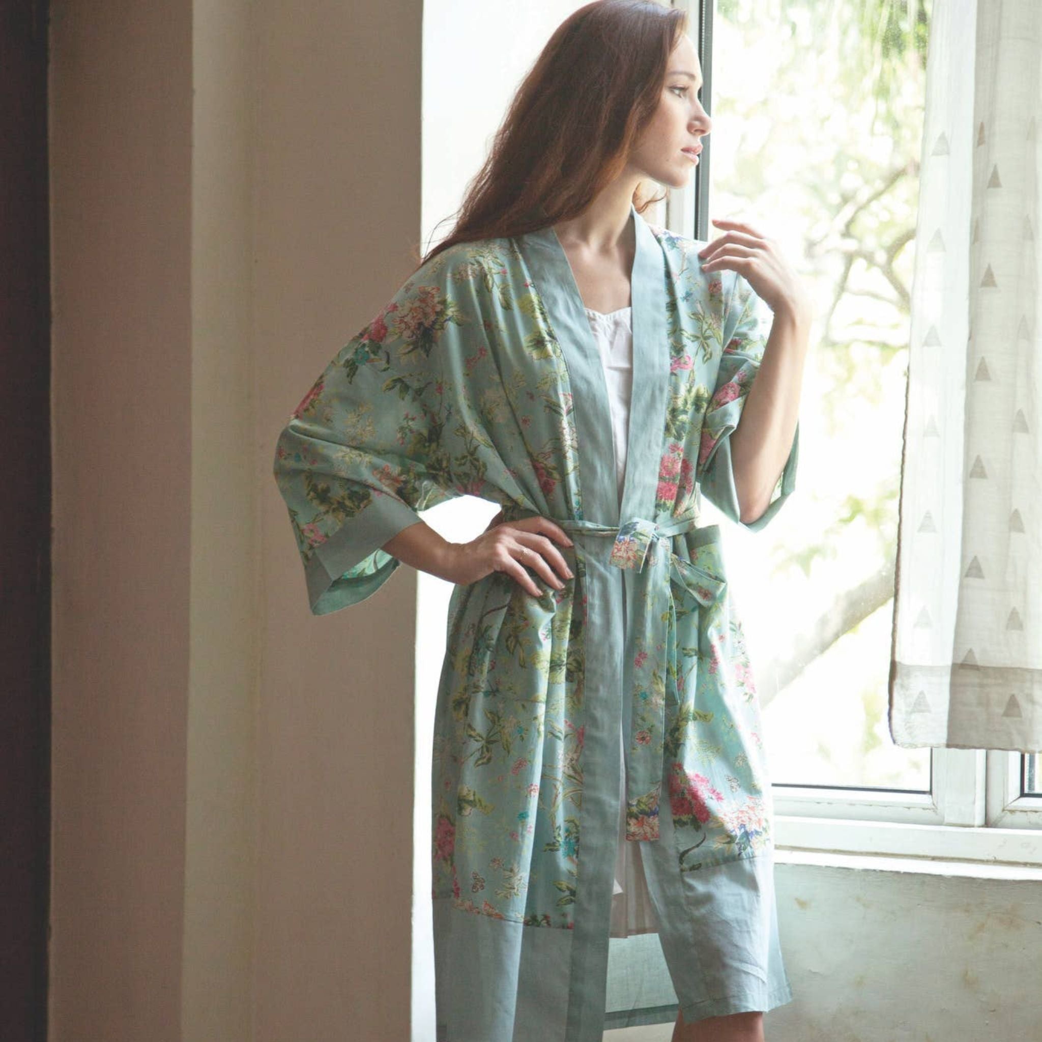 One Size, Soft Cotton Kimono for Loungewear or Travel, handprinted in India. Sardinia Sky
