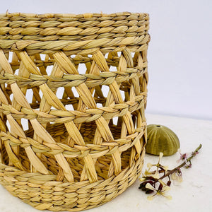 Grouping of traditional weaving from northeastern India. Open weave basket.