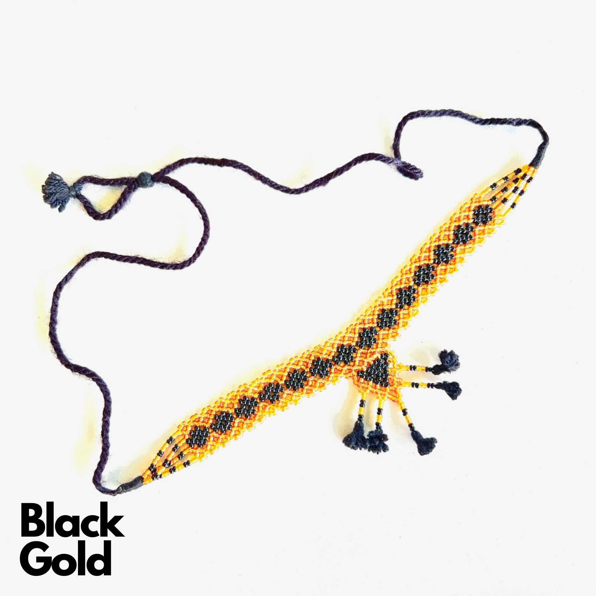 Maniya Kalbelia Beadwork Necklace Haar with Pendant Black center with gold edging