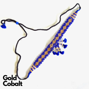 Maniya Kalbelia Beadwork Necklace Haar with Pendant Gold Center with Cobalt Edging