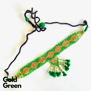 Maniya Kalbelia Beadwork Necklace Haar with Pendant Gold center with Green edging