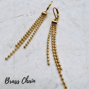 Earrings by Elaine Graham of Panache Design. Made in Washington, USA. Brass ball chain.