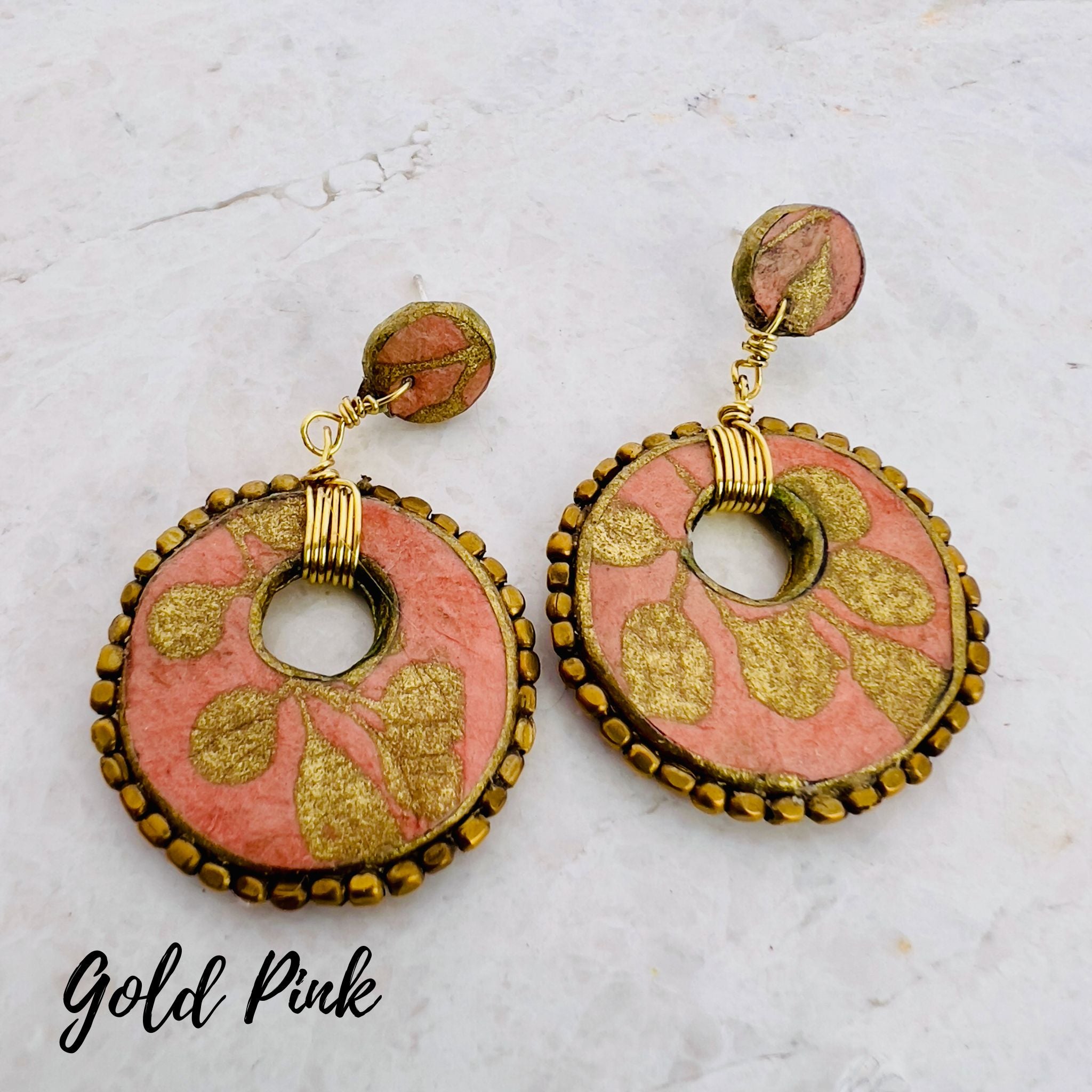 Earrings by Elaine Graham of Panache Design. Made in Washington, USA. Gold and Pink